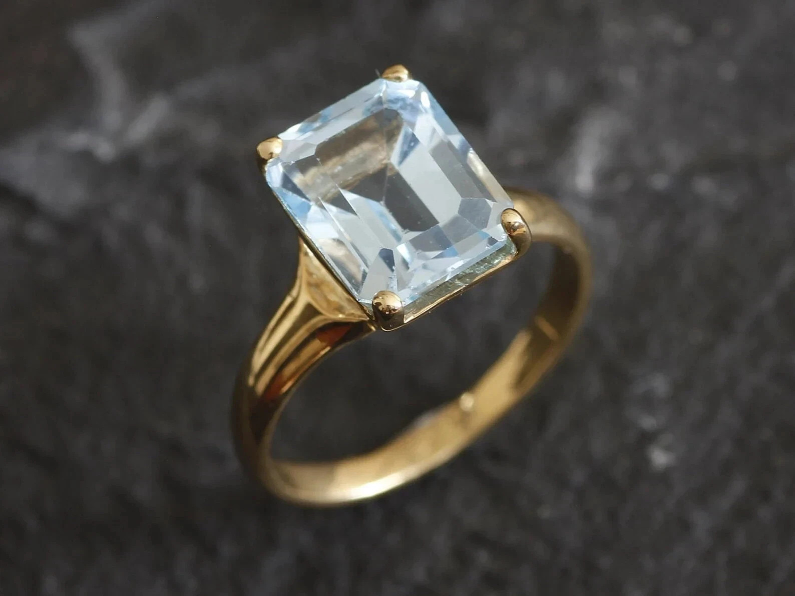 3Ct Emerald Cut Lab Created Aquamarine Women Wedding Ring 14k Yellow Gold Plated