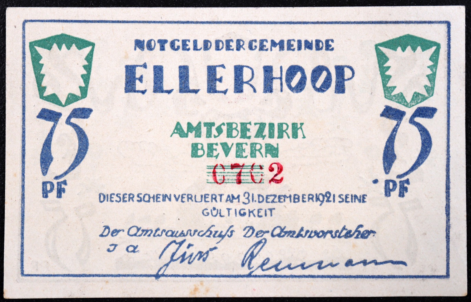 ELLERHOOP 1921 XX-RARE Jürs-Reumann Signature!! 75 Pfennig German Notgeld