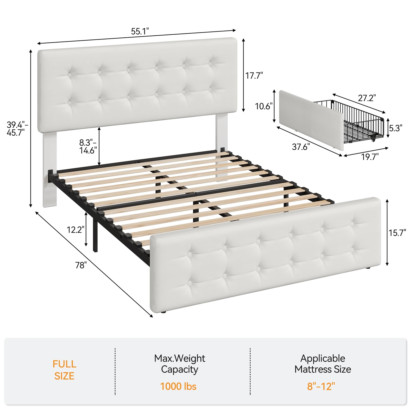Full Size Bed Frame Linen Upholstered Platform Bed Frame with 4 Storage Drawers