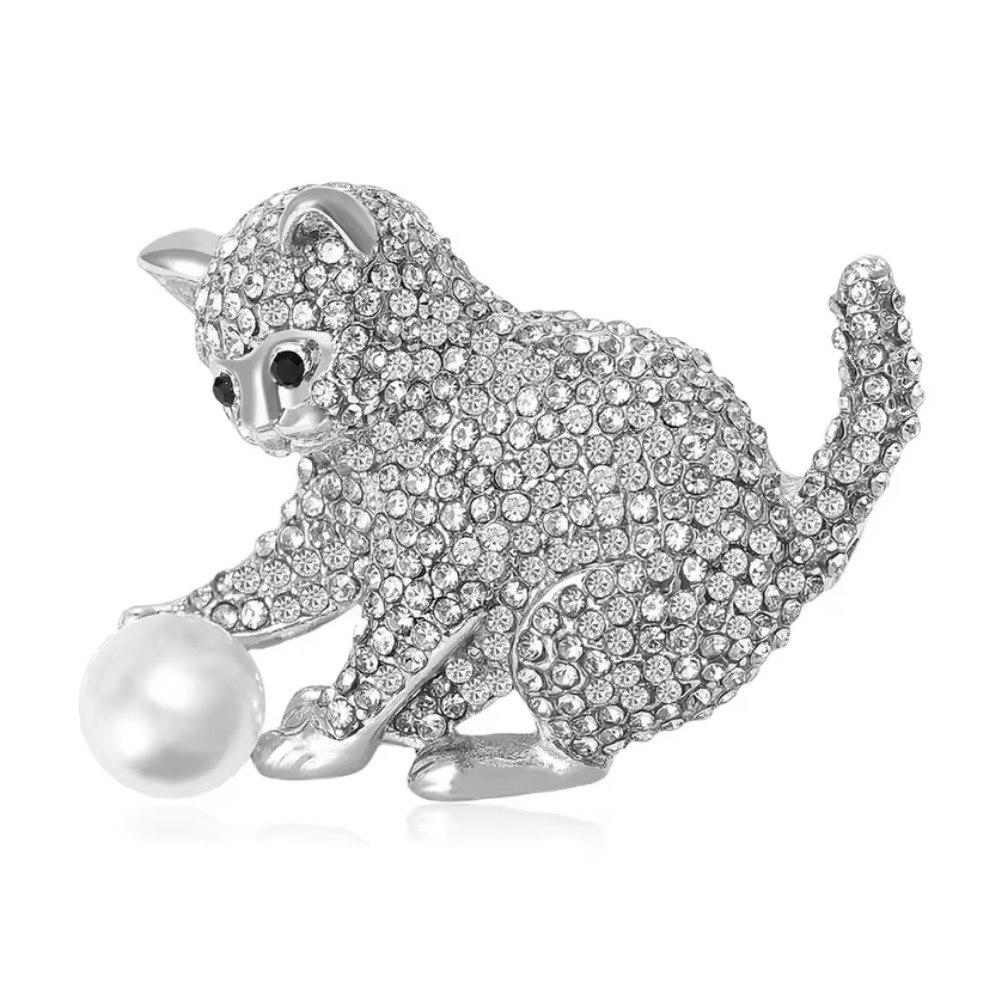Vintage Style Cat Brooch Rhinestone Silver Pearl Cute Animal Pin Jewelry Gift