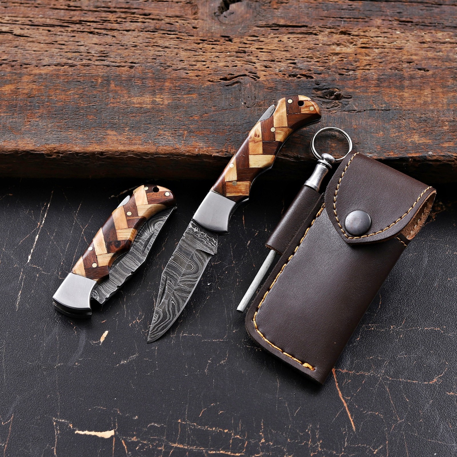 Custom Damascus Steel Folding Pocket Knife - Olivewood Handle & Leather Sheath