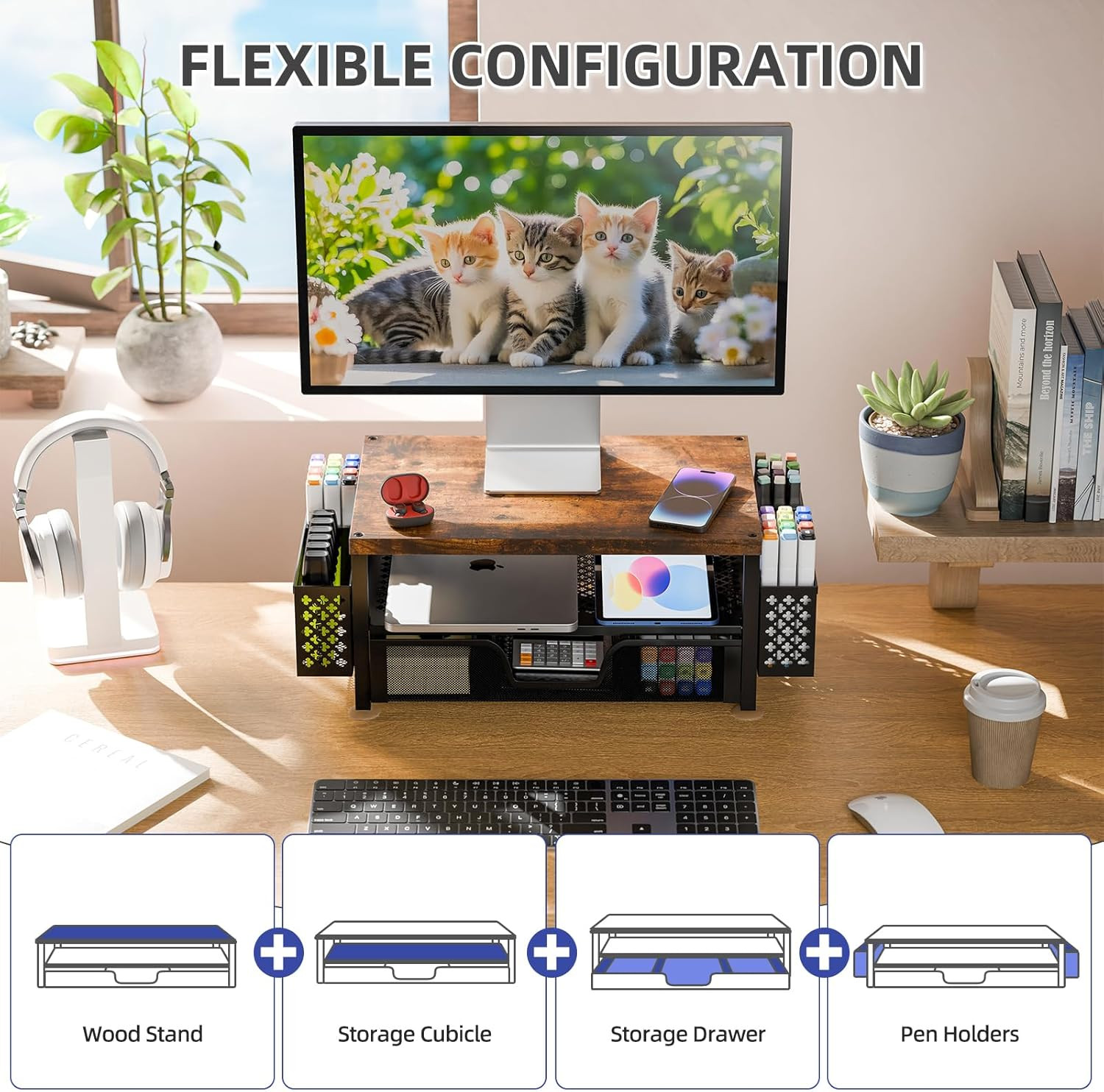 Desk Organizers and Accessories, 2 Tier Monitor Stand Riser with Drawer and 2 Pe