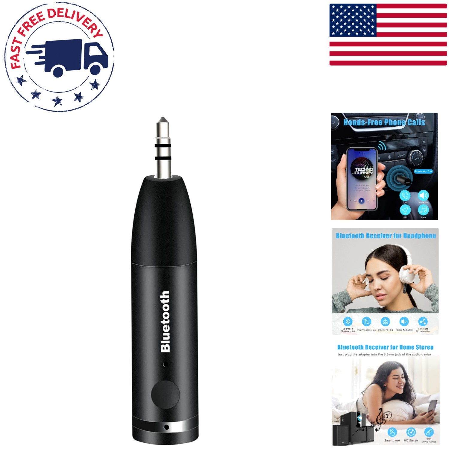 Portable Bluetooth Aux Adapter with Built-in Microphone for Hands-free Calls