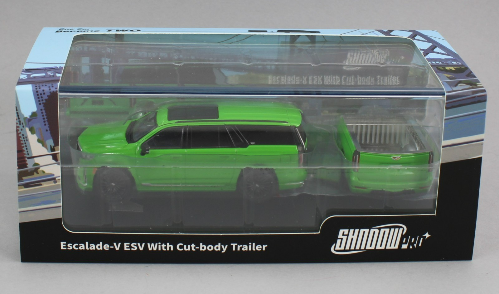 1:64 *SHADOW PRO* GREEN Cadillac Escalade-V ESV w/Trailer *NIB*