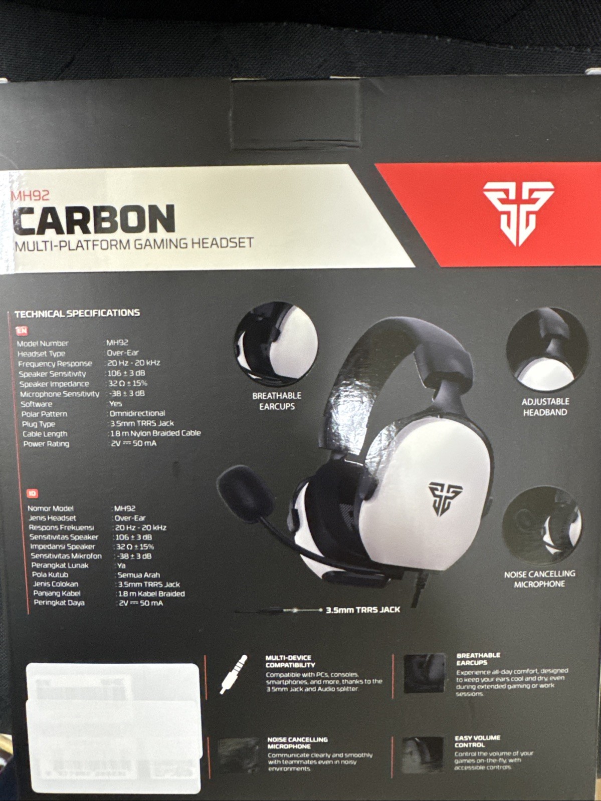 Fantech Carbon MH92 Wired Gaming Headset- White (PC, PS4, PS5, Xbox, Switch)