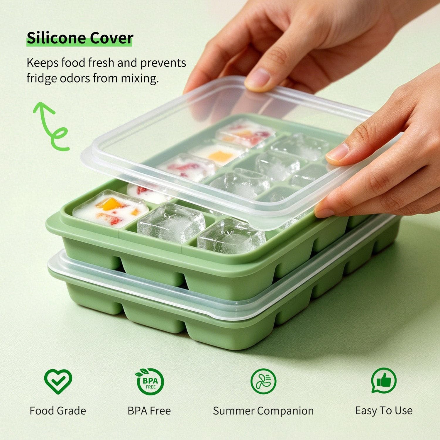 Silicone Ice Cube Trays with Lid, 1 Pack 15 Cubes with Removable Lid | Easy