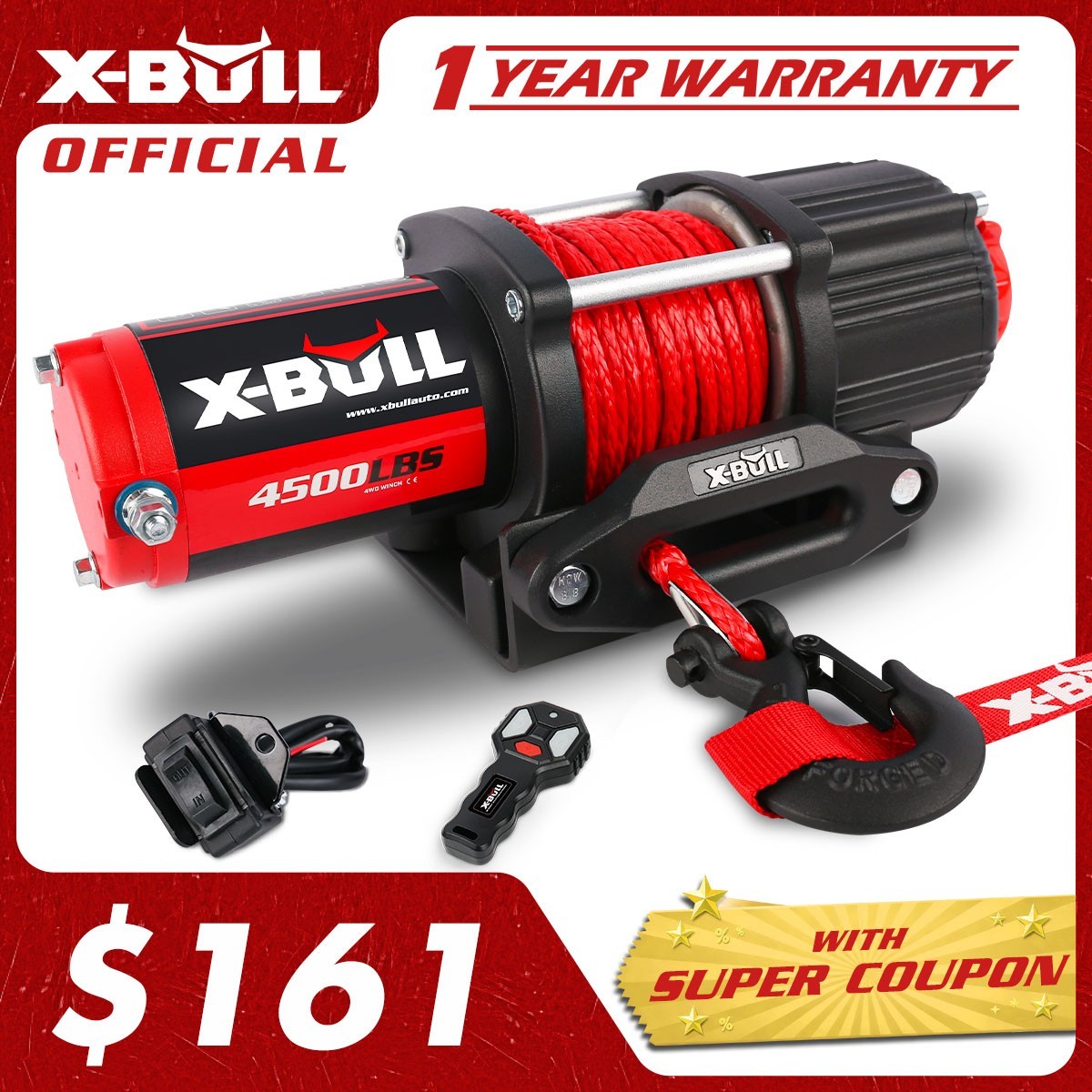 X-BULL 4500LB Electric 12V ATV Winch Synthetic Rope Towing Trailer UTV 4X4 Winch