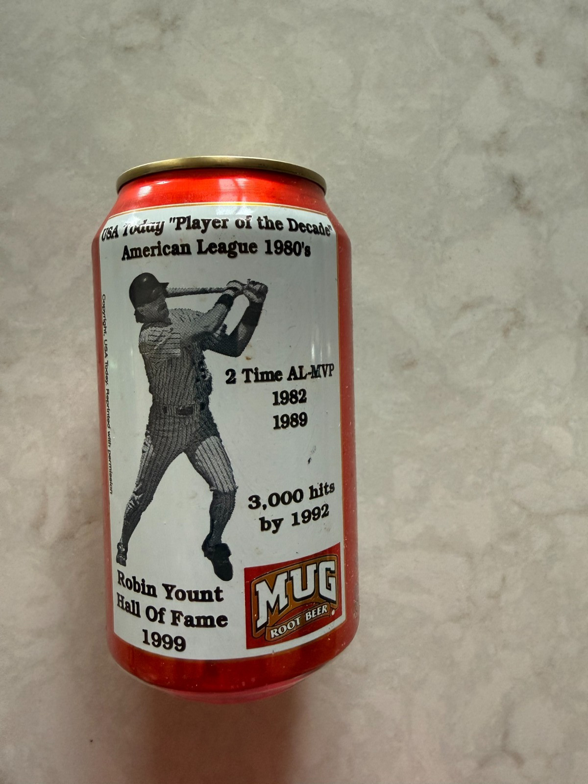 MUG Root Beer- 'Robin Yount - Milwaukee Brewers' soda pop can promo, 2000, empty