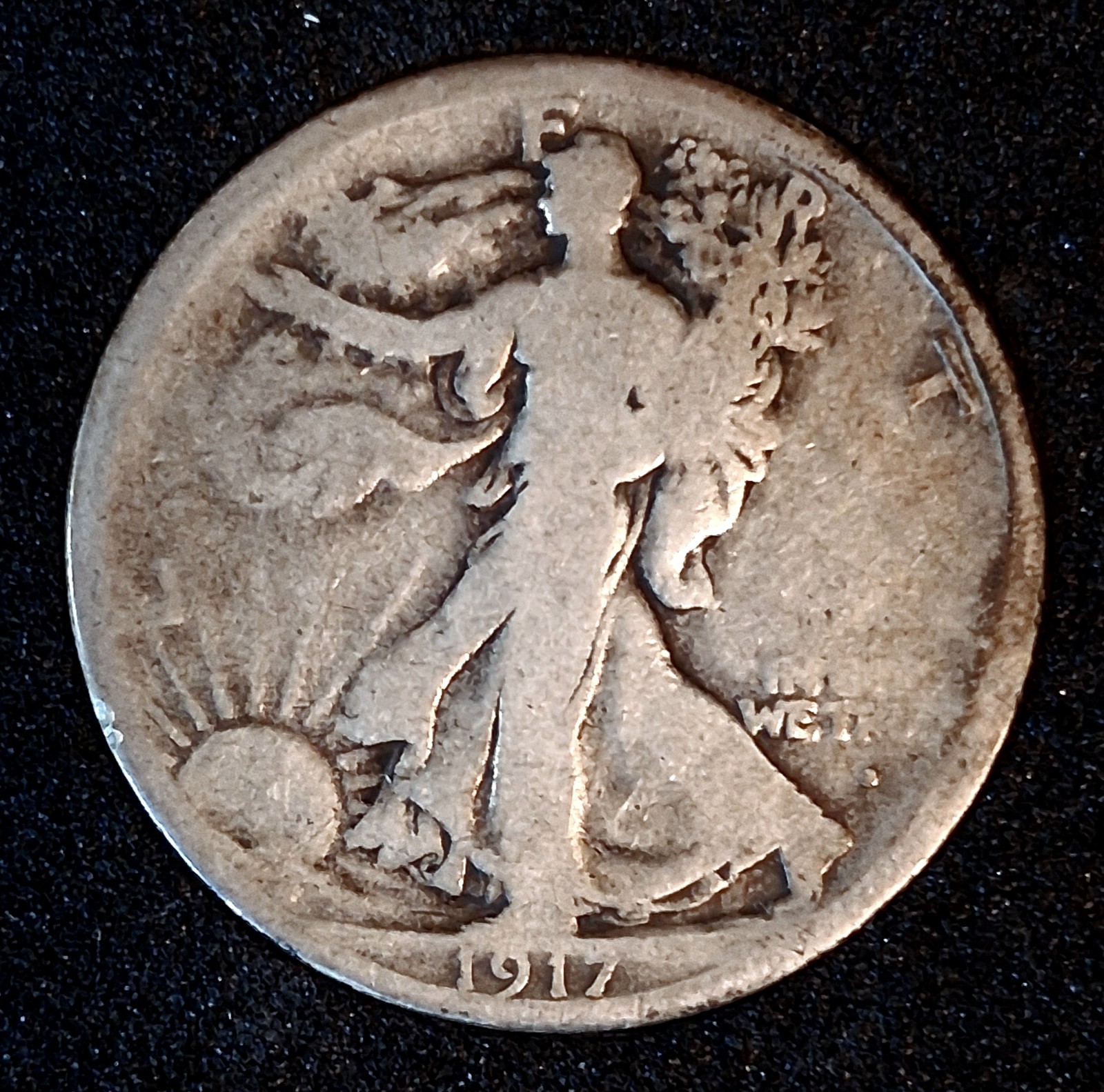 1917S Walking Liberty Half Dollar. Obverse MM. Low Mintage Hole Filler.