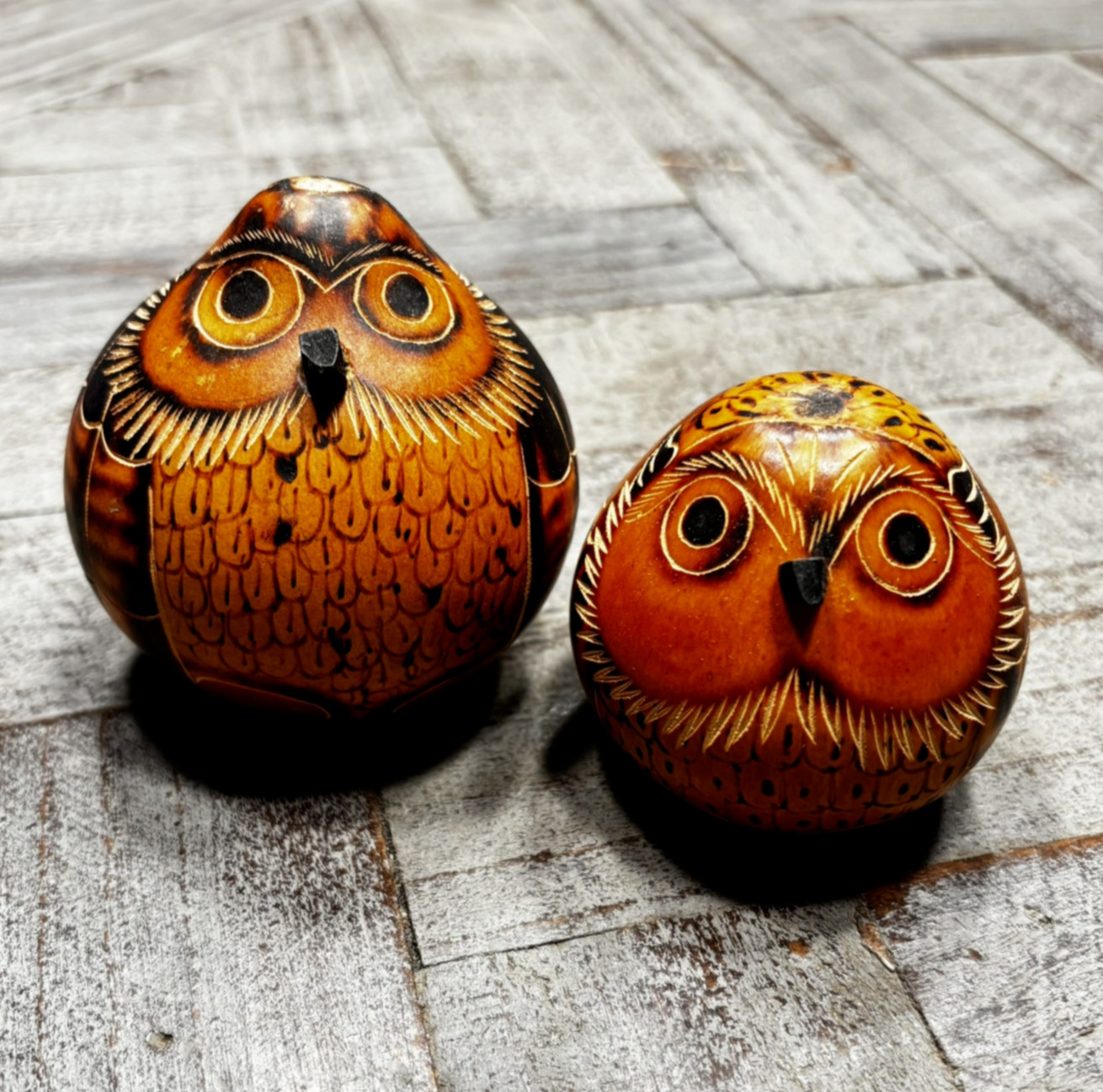 Hand-Painted/Carved Owl Gourd Set of 2 Peruvian Brown Tan Golden Owls VINTAGE