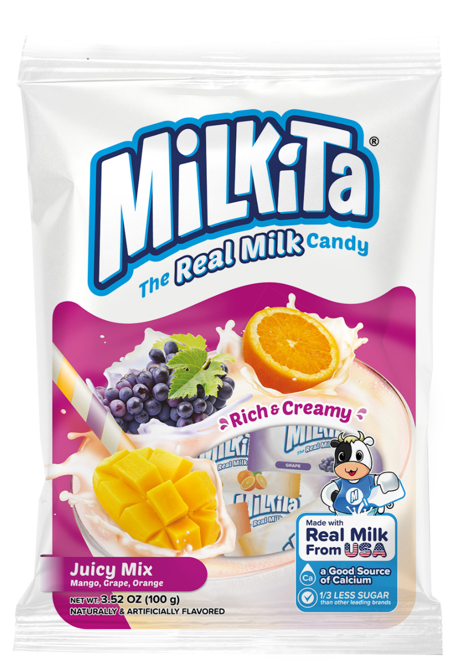 1 BAG Milkita Juicy Mix Milk Candy 3.52 oz Grape, Orange Mango