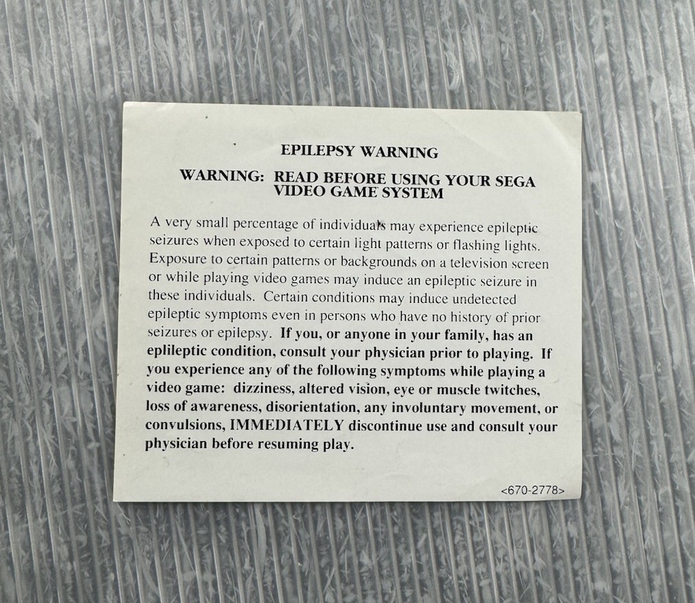 SEGA GENESIS Video Game System EPILEPSY WARNING insert sheet ONLY