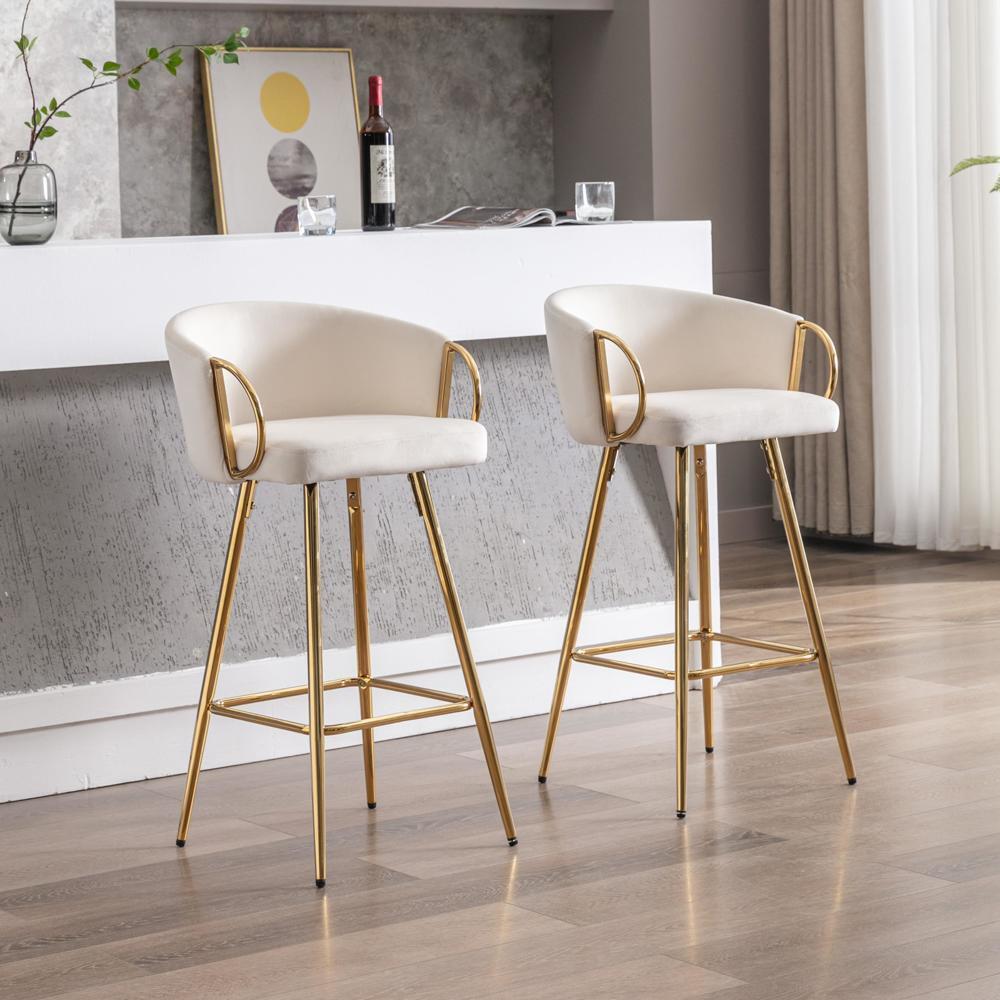 Sturdy and Durable Set of 2 Bar Stools with Chrome Footrest and Base Velvet