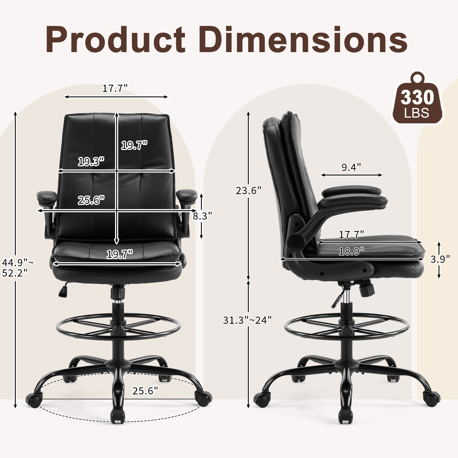 Drafting Chair Tall Office Chair with Padded Flip-up Armrests Executive Black