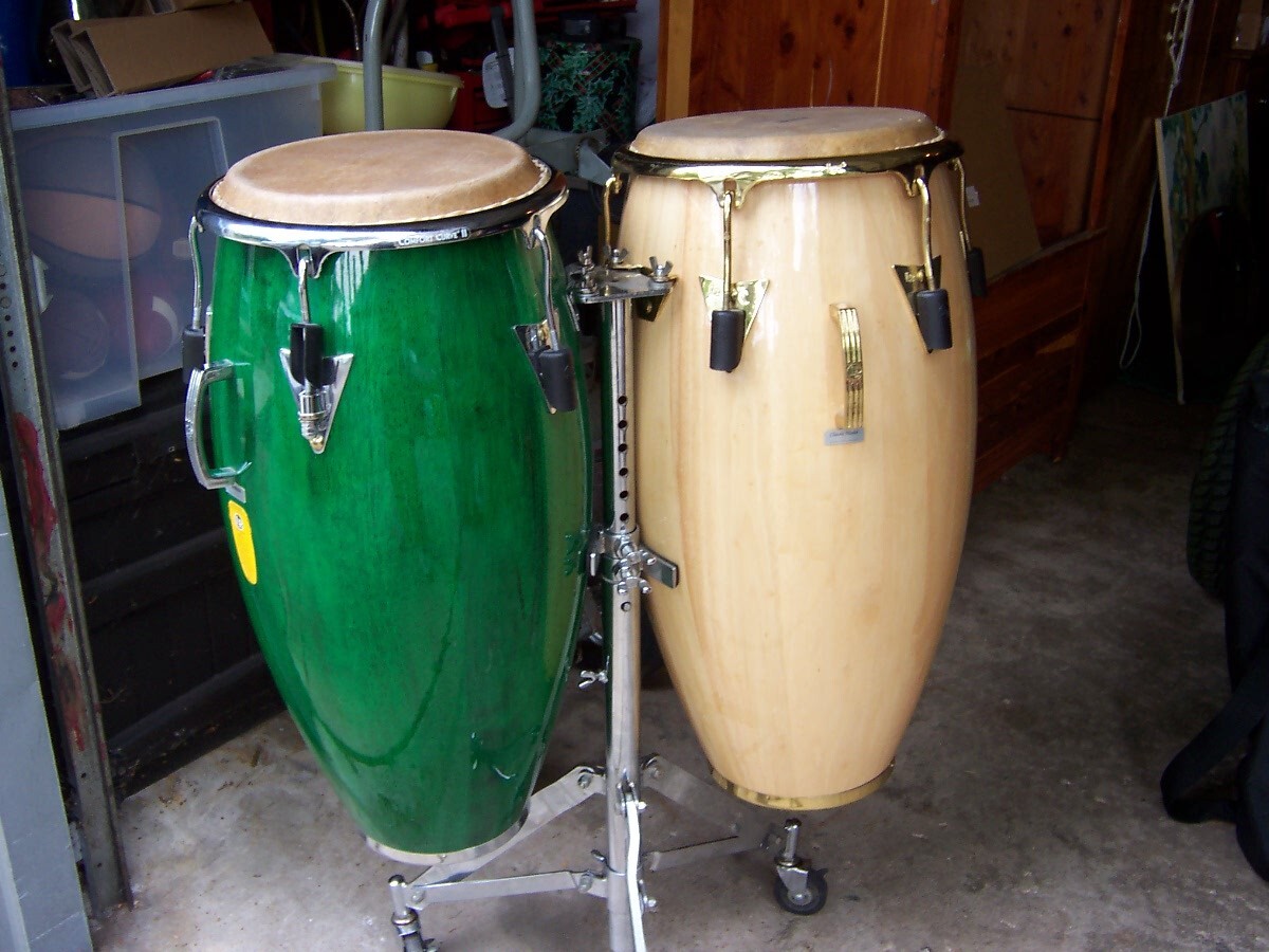 LP Latin Percussion Conga Set 1 Green 10" 1 Natural 11 3/4"w/Stand & Bags