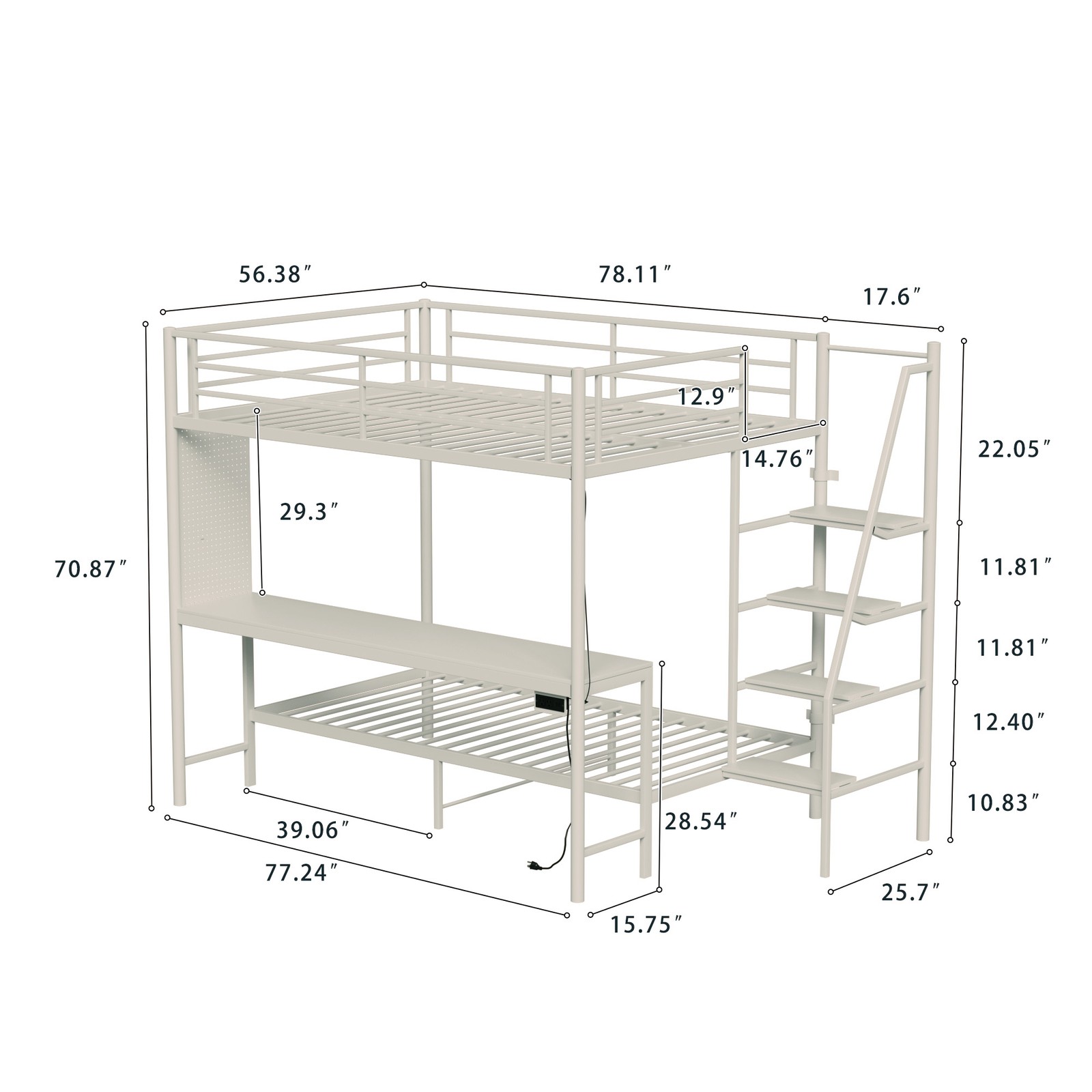 Modern Metal Bunk Bed Full Size White Bed Frame w/LED light and Charging Socket
