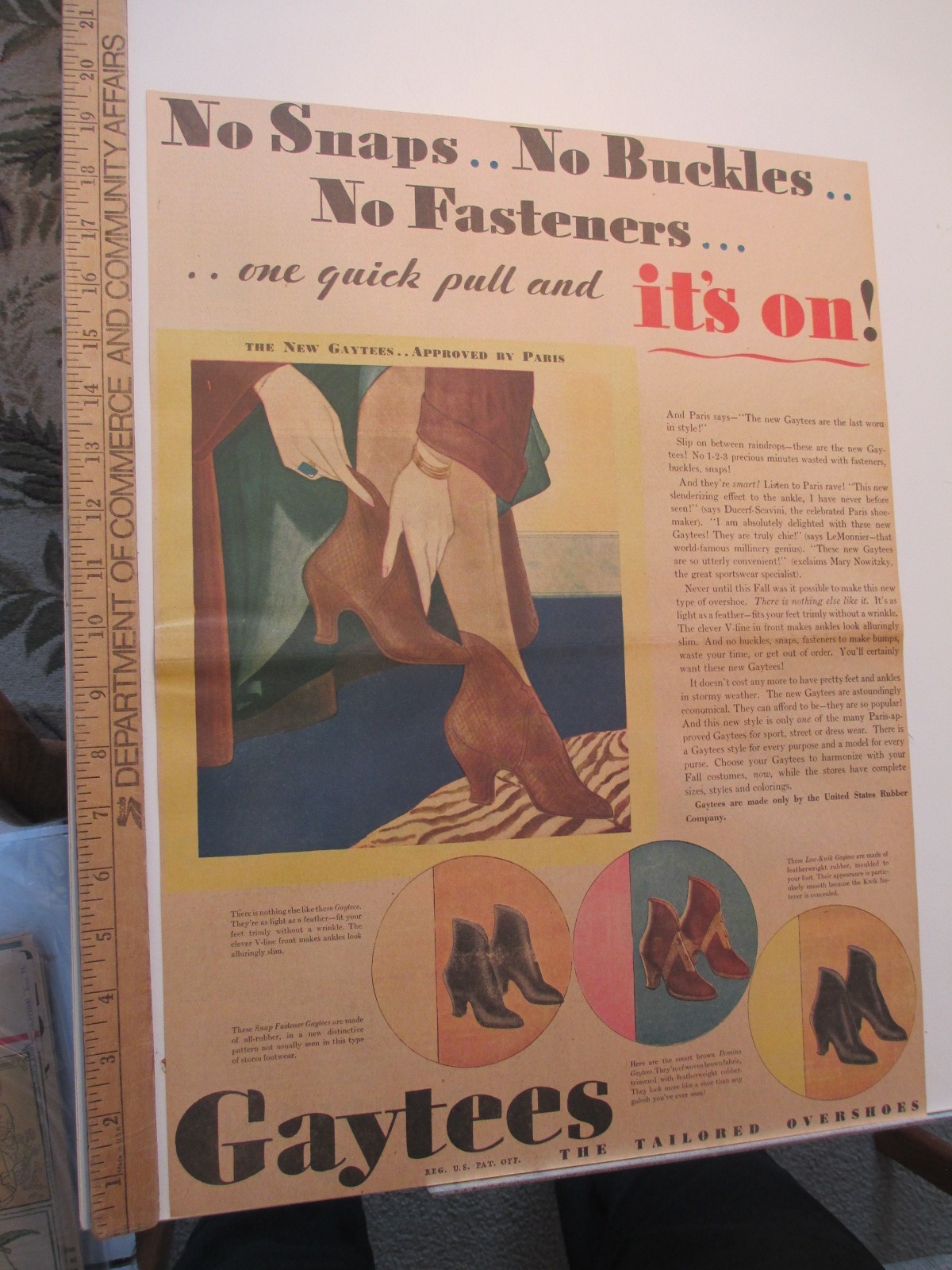 newspaper ad 1931 GAYTEES women's shoes tailored overshoe pull on heels