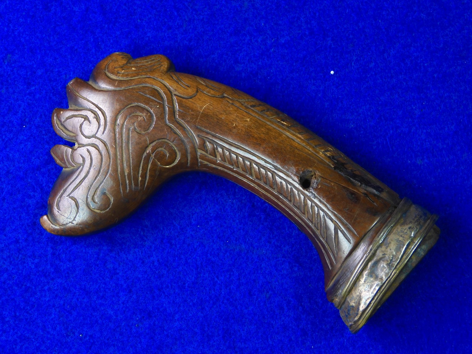 Antique Indonesian Indonesia Carved Wood Sword Knife Handle w/ Silver Ring