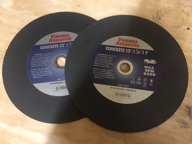 2 NEW VIRGINIA ABRASIVES CONCRETE CUT-OFF WHEELS  12" X 1/8" X 1"  # 424-10612