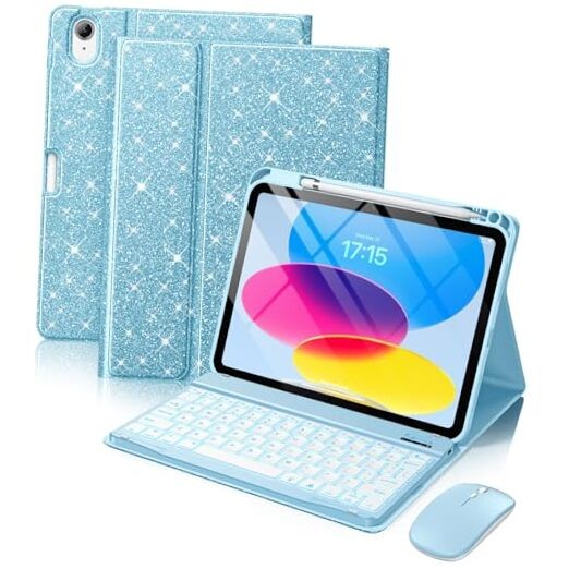 for iPad A16 Case with Keyboard - Mouse Backlit Wireless Detachable Sky Blue