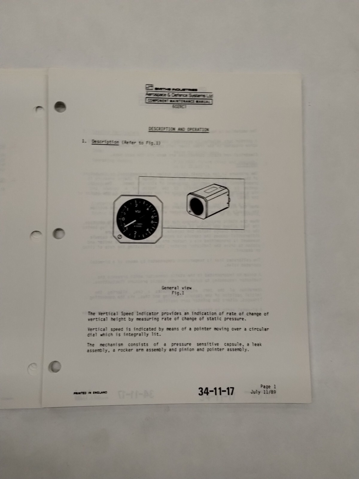 Smiths Industries Vertical Speed Indicator Component Maintenance Illust. Parts