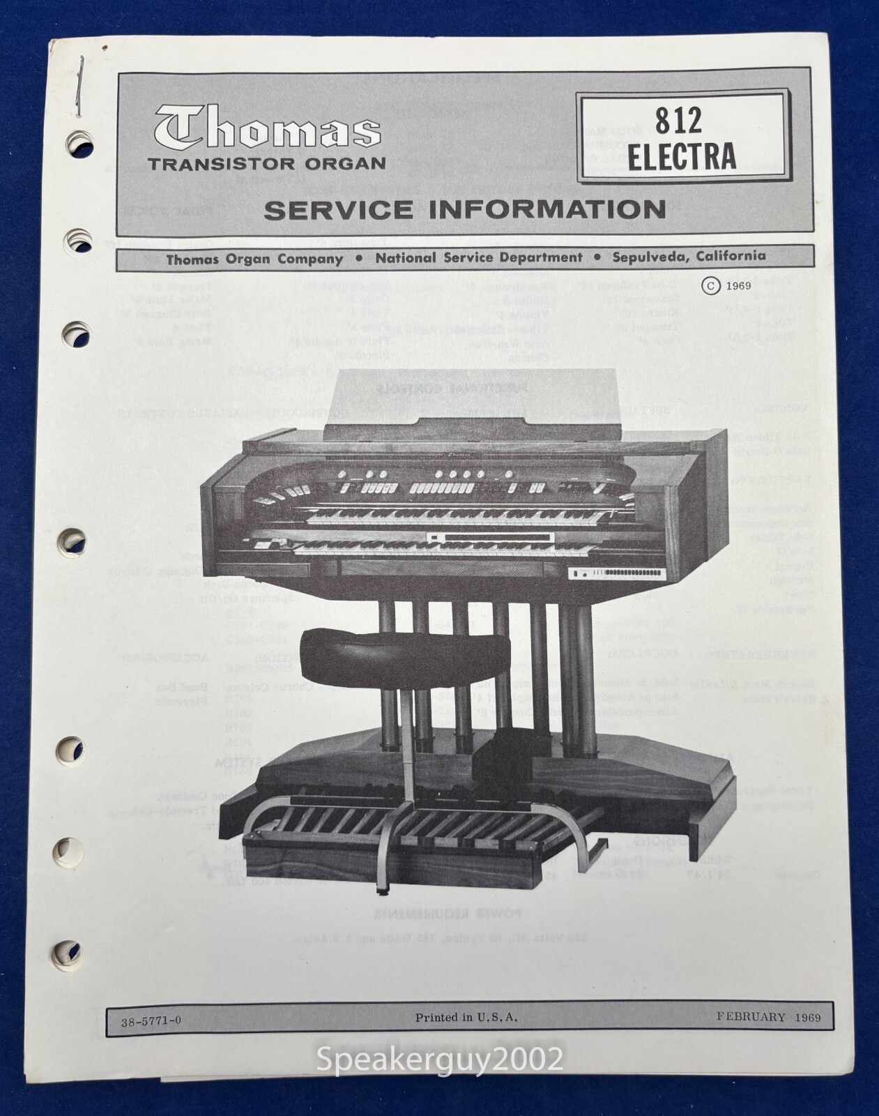 Original Thomas Organ / Electra 812 / Service Info Manual