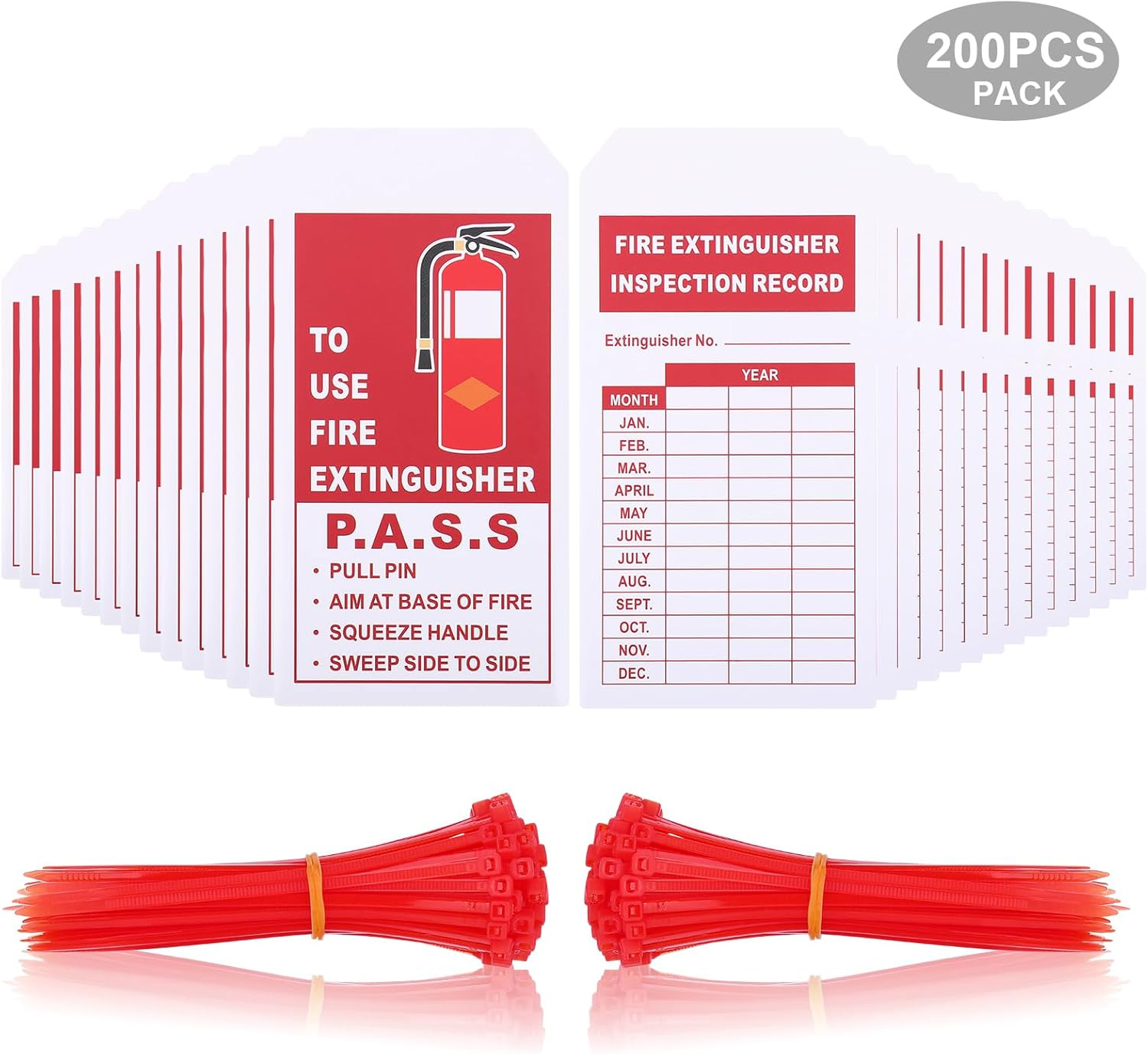 200 Sets Fire Extinguisher Inspection Tags with 200PCS Adjustable Zip Ties and 2