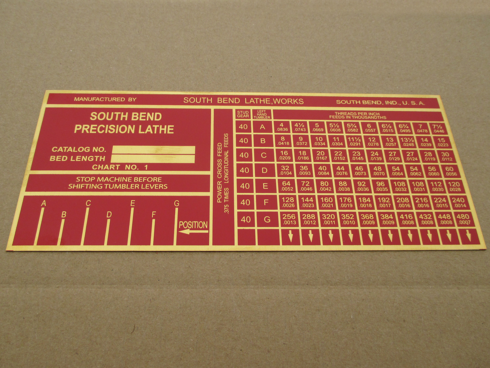 SOUTH BEND 10L LATHE PLATE HEAVY 10 THREADING DECAL TAG 7-1/4" X 3" Chart No. 1