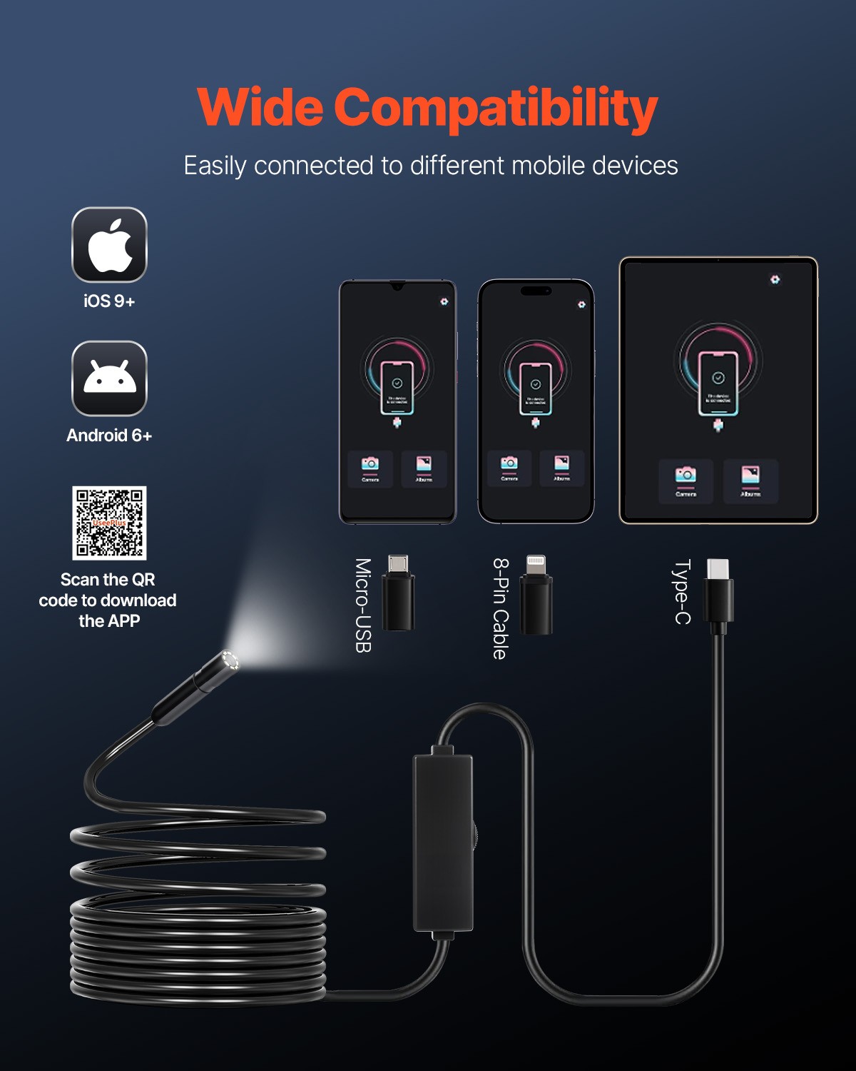 VEVOR Endoscope Camera 1920P HD Borescope for Android & IOS with 16.4FT Cable