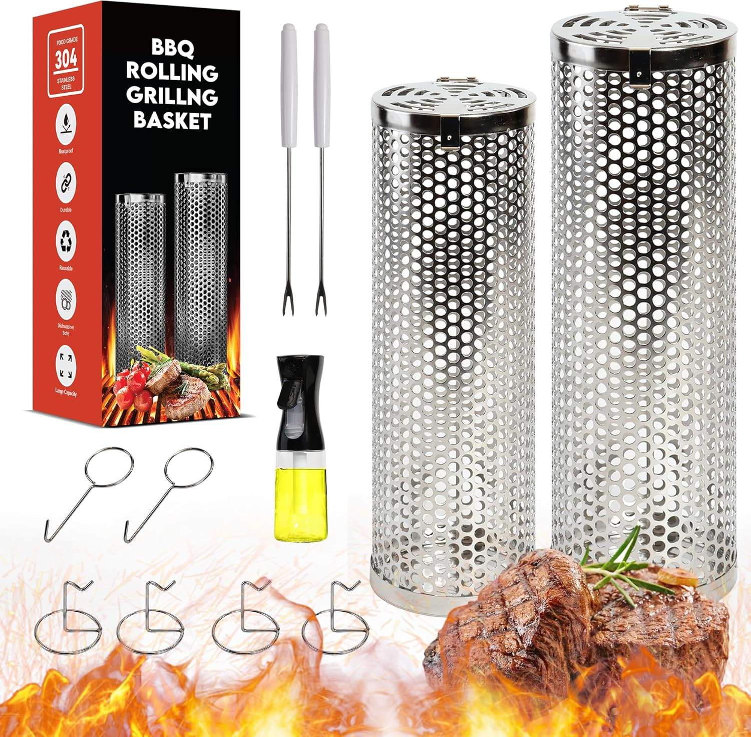 Rolling Grilling Baskets (2 PCS) - 360° Heavy Duty Stainless Steel BBQ Basket, C