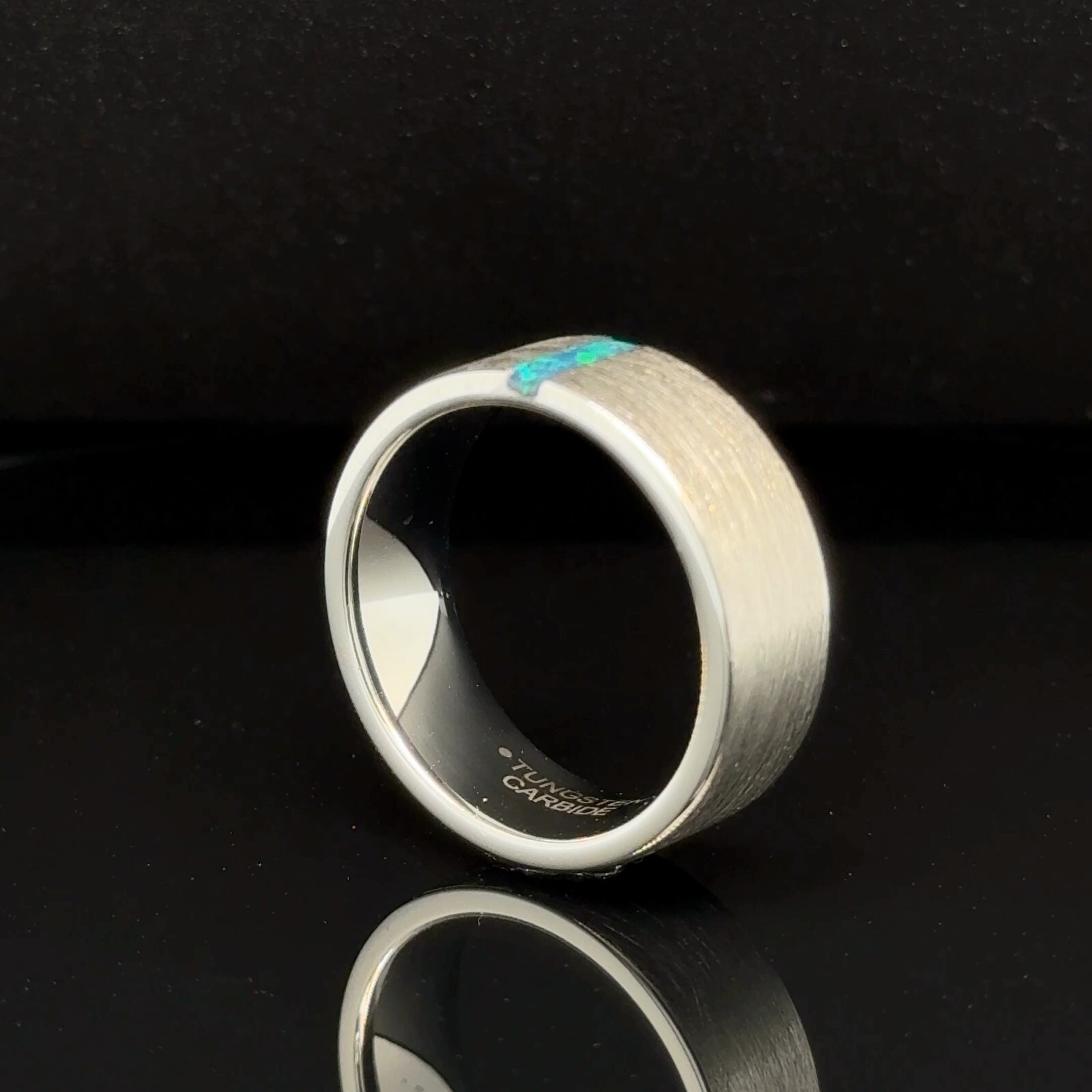 8mm Tungsten Carbide Ring Brushed Silver Blue Opal Inlay Scratch-Proof Band
