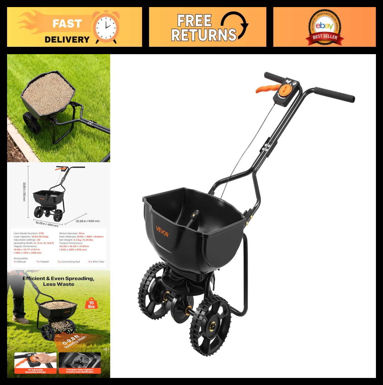 Push Broadcast Spreader 9.8ft Width, 15lbs Capacity, All-Terrain Tires, Adjustab
