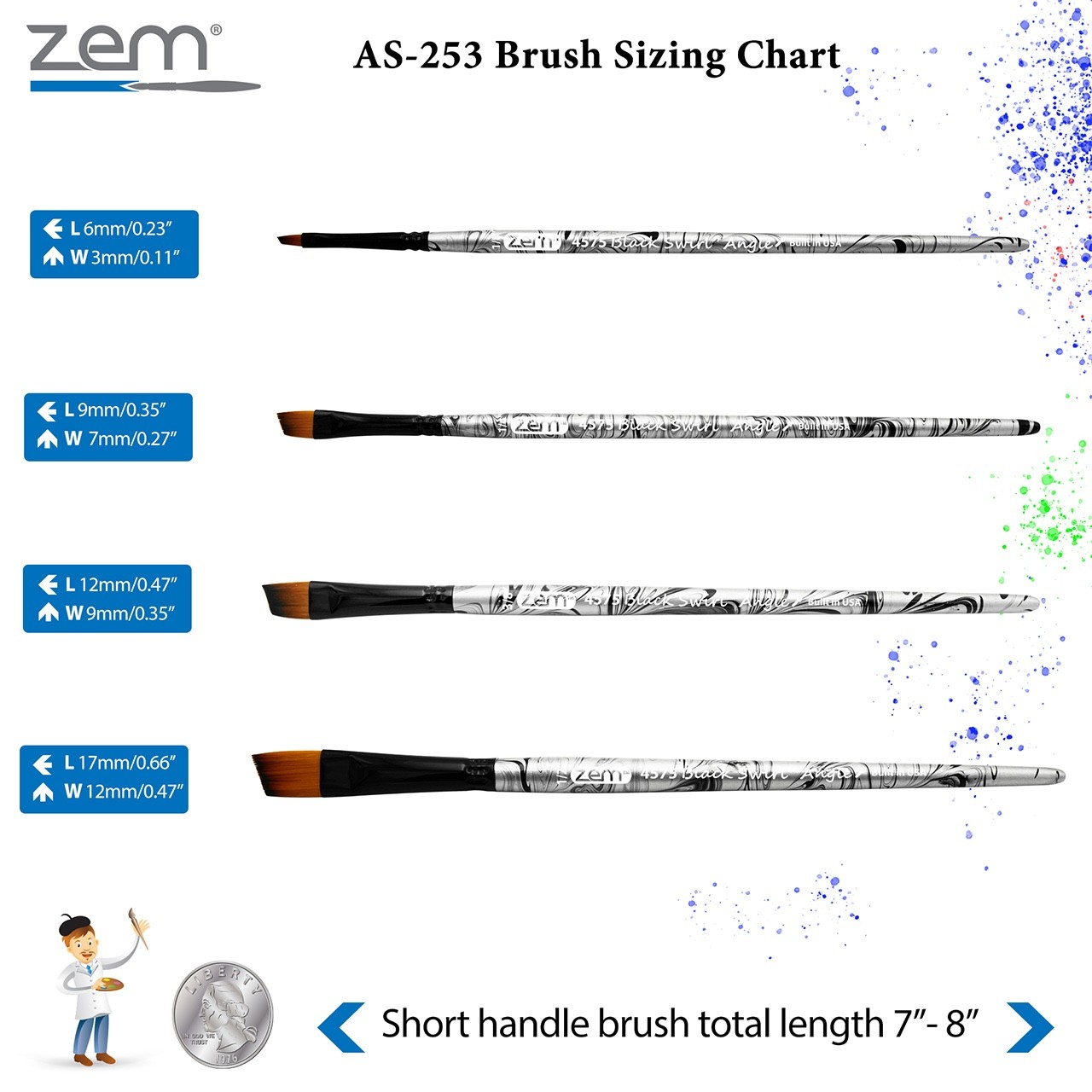 AS-253 Black Swirl Synthetic Angle Brush Set 4 pcs