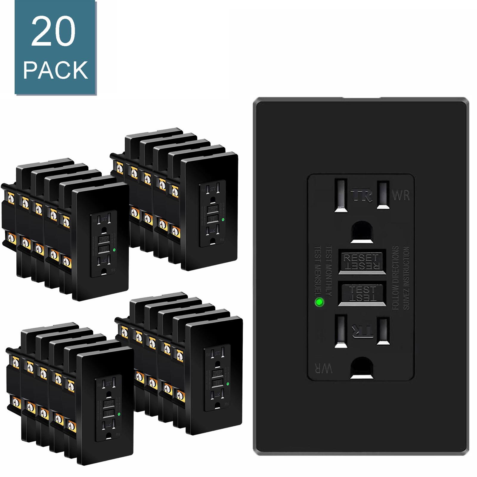 20PK 20A Black GFCI Outlet WR TR LED Indicator Decor Plate ETL Certified Home