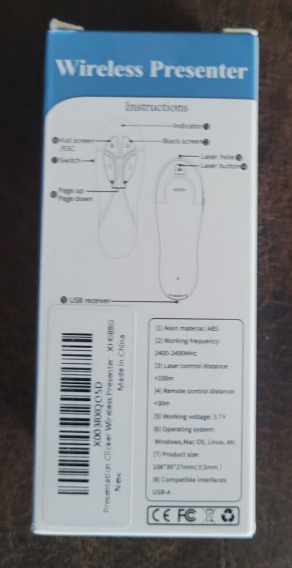 Wireless Presenter w/Laser Button Plug & Play USB-A 30M Remote Control