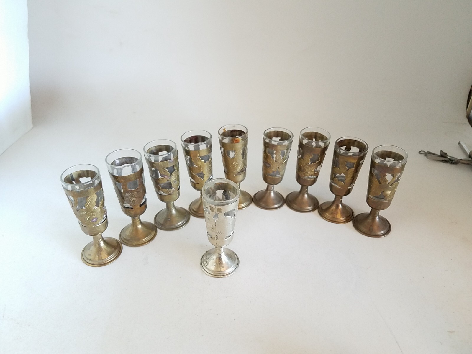 Cordial Glass Shot Set 10 pcs.Silverplate on Brass