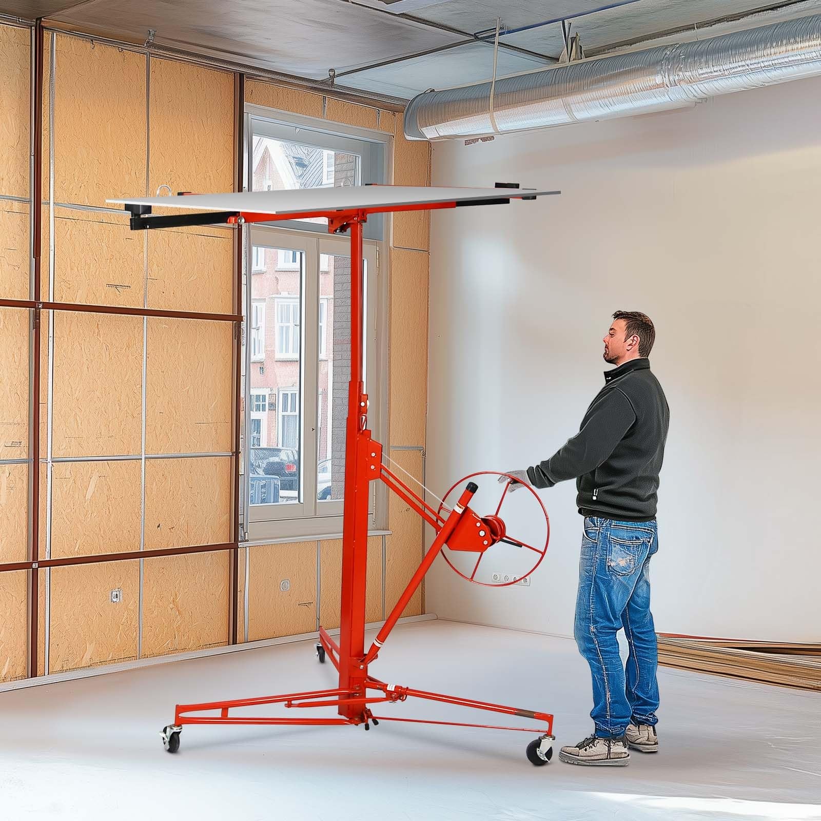 150LB 11FT Drywall Panel Hoist, Adjustable Steel Sheetrock Lift Jack & Casters