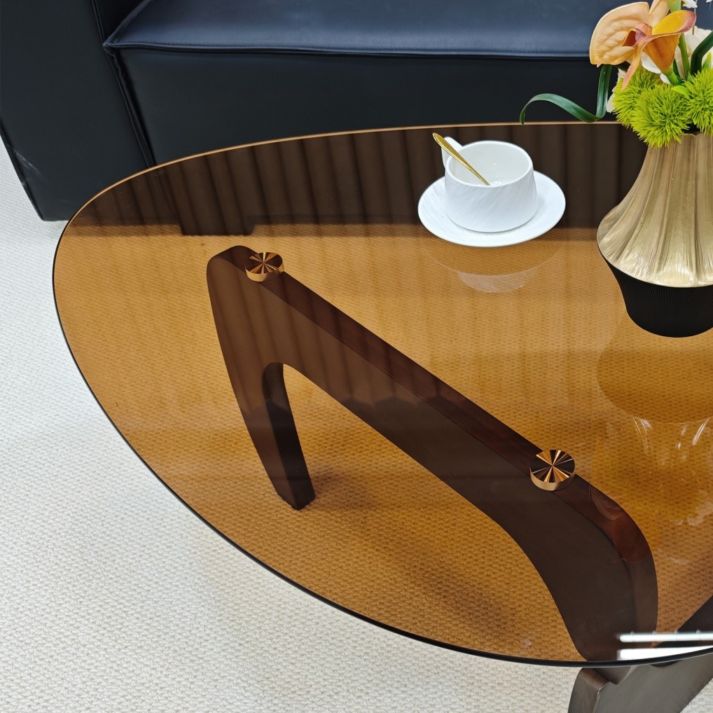 Noguchi Coffee Table Triangle Glass Top Premium Solid Hardwood Base Dark Walnut