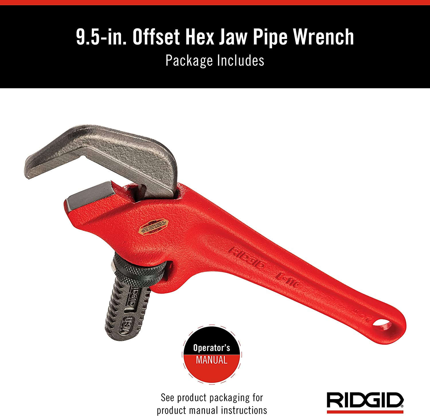 RIDGID 31305 Model E-110, 9.5" Offset Hex Jaw Pipe Wrench, Red, Made in the USA