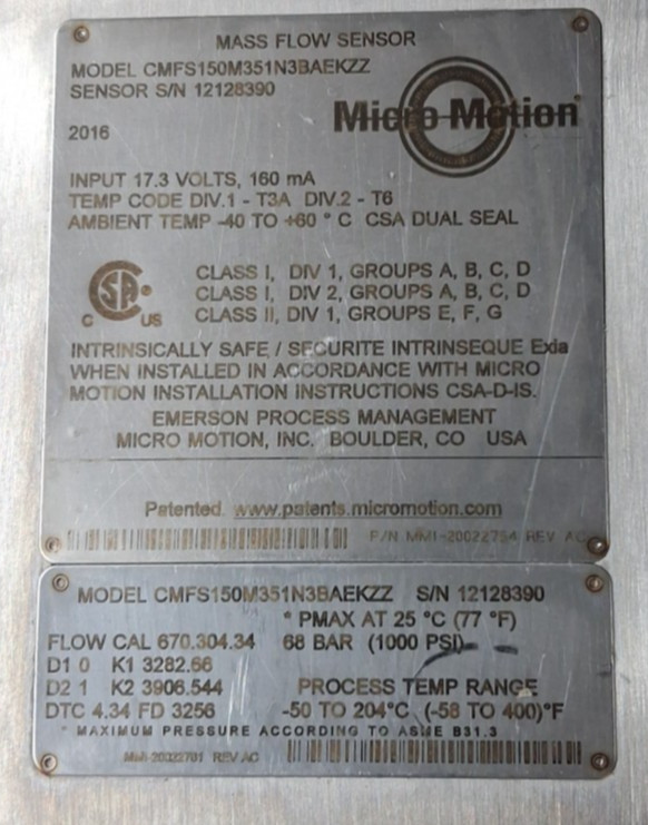 1-1/2" Micro Motion CMFS150 Sensor 800 Enhanced Core Processor