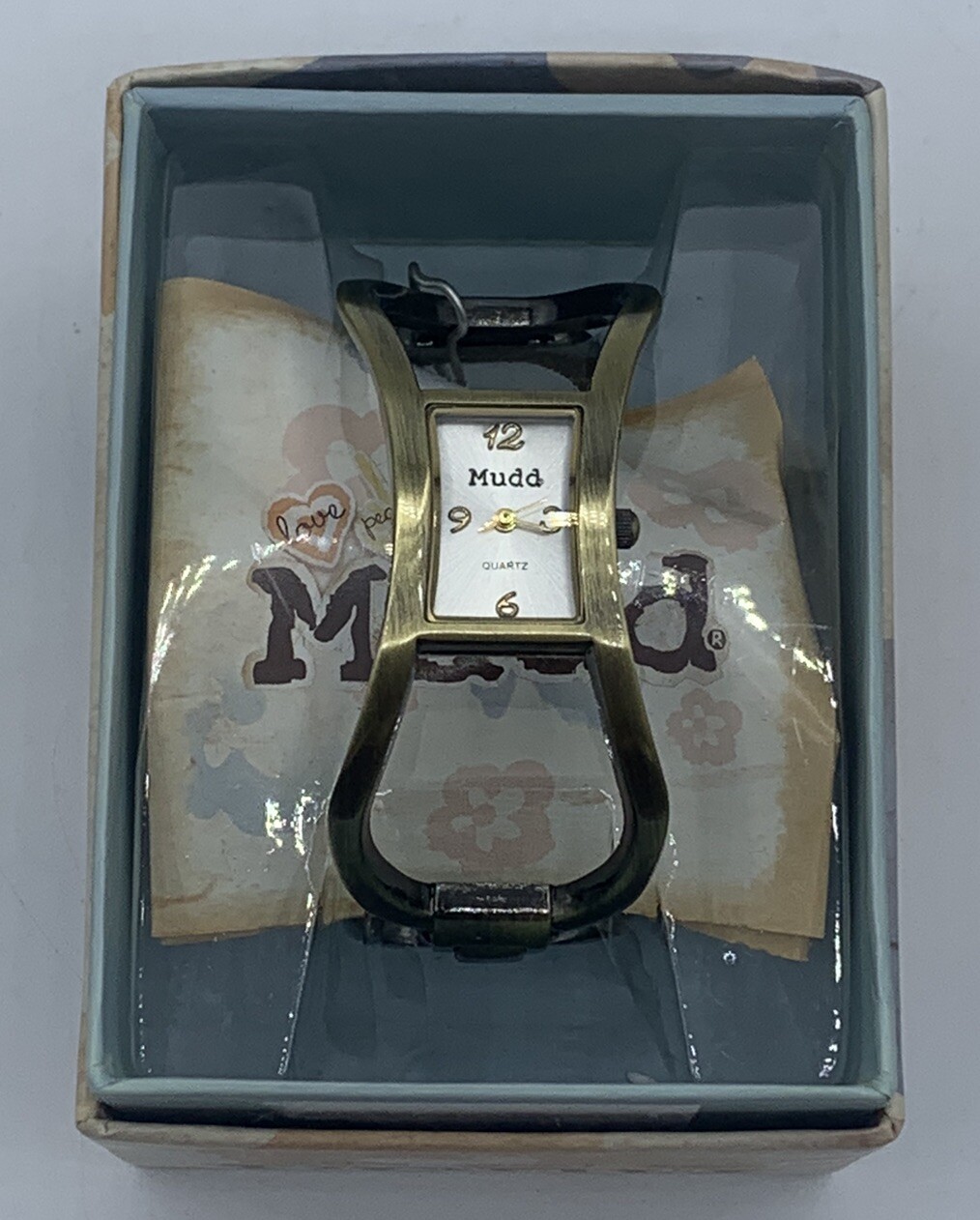 Ladies Bronze Tone Cuff Style Quartz Mudd Watch, Hinged, Needs Battery