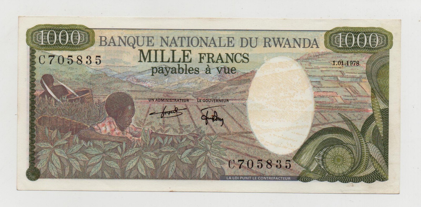 RWANDA 1000 FRANCS 1978 PICK 14 UNC