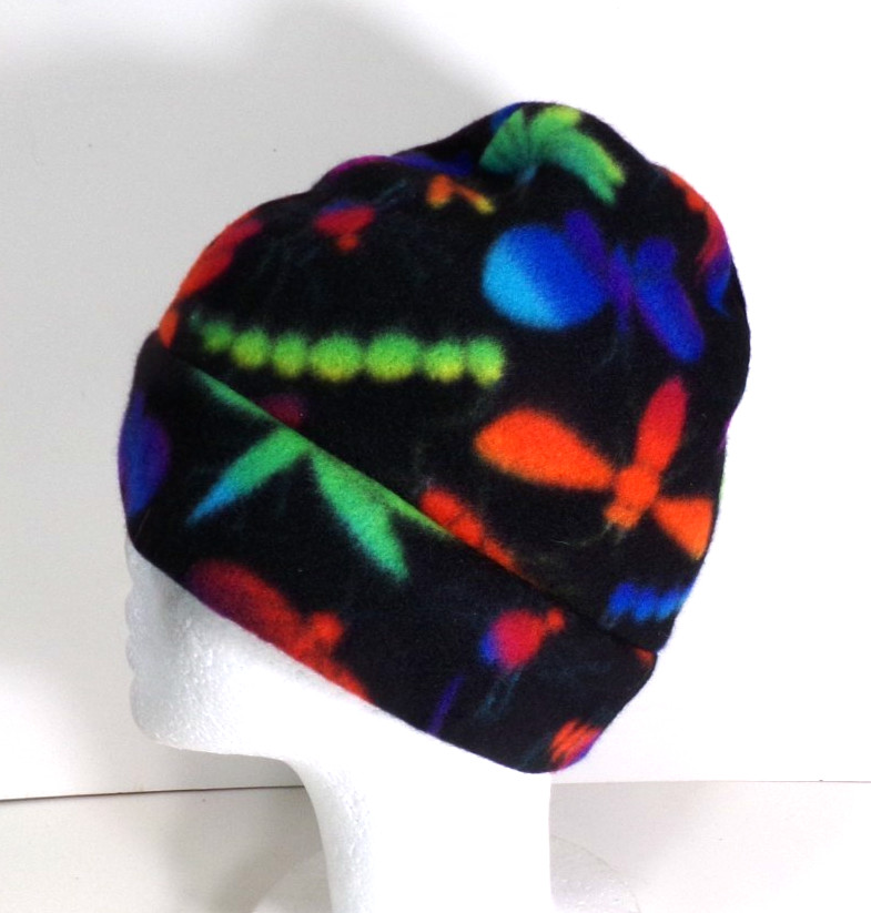 BLACK   W/   INSECTS       POLAR  FLEECE  BEANIE / SKULL CAP  WINTER HAT h88cr