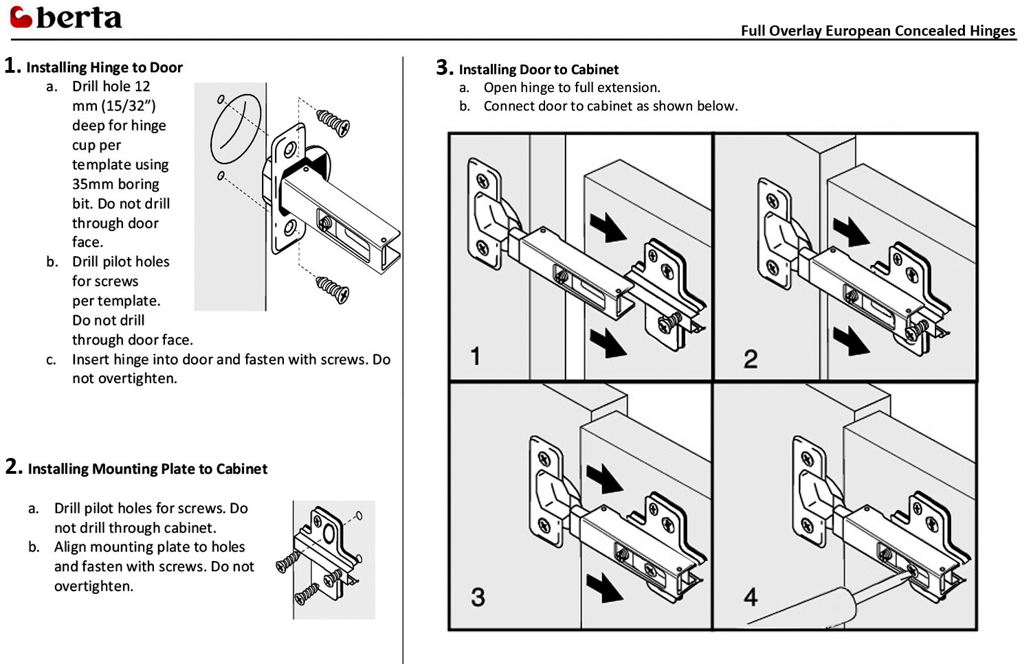 Berta Full Overlay Soft Closing Frameless Cabinet Door Hinge (40 pack)