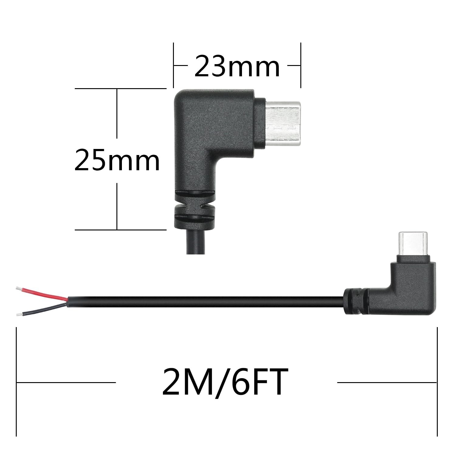 2 PCS 2M/6FT Right Angle USB C 2 Pin Bare Wire Open End 90 Degree 22AWG 5V/3A