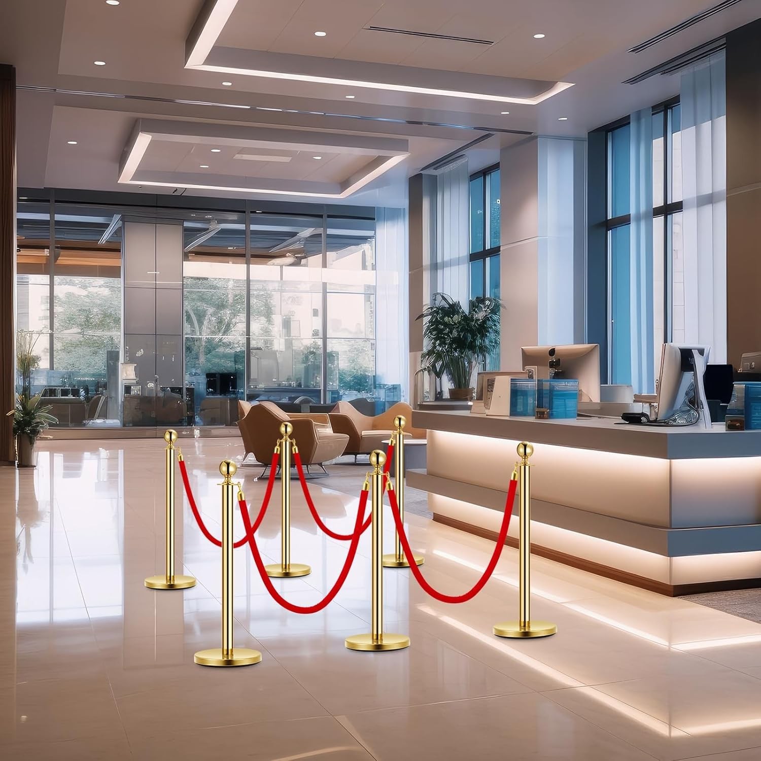 8 Gold Stanchions Queue Post with 6 Red Velvet Ropes For Event & Crowd Control