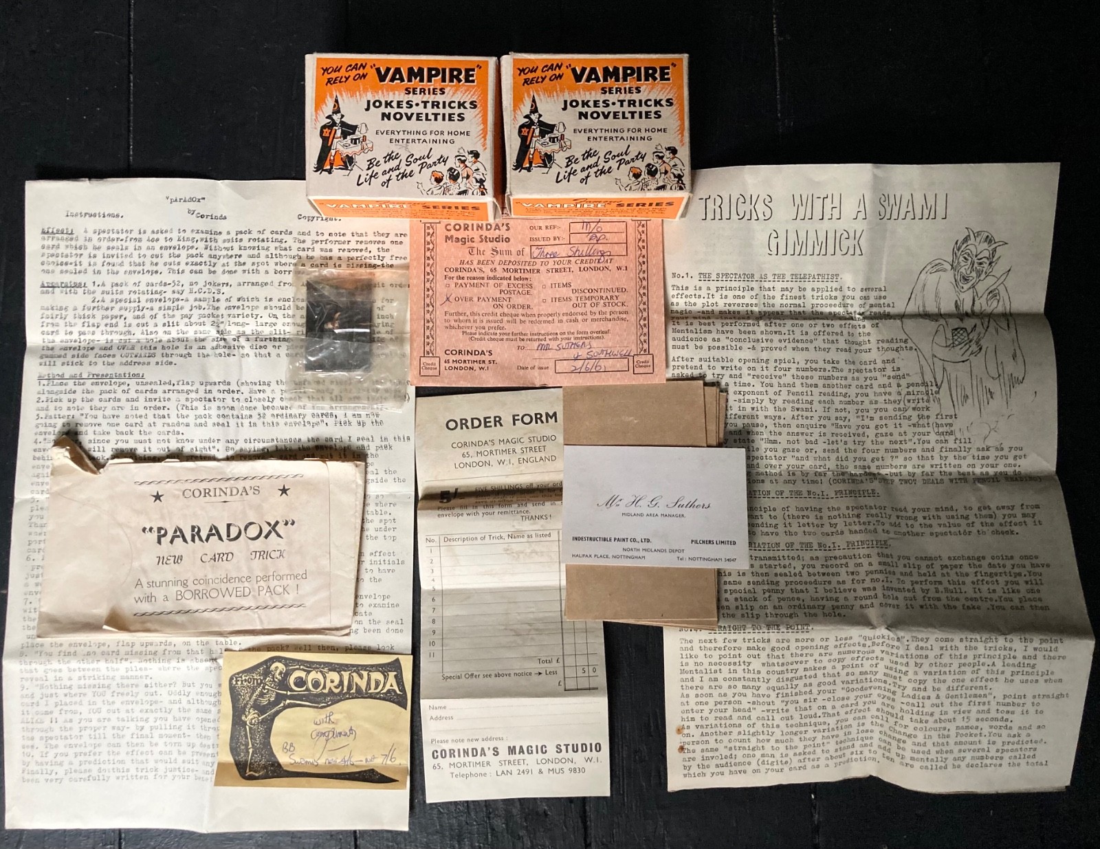 Tony Corinda Corinda's Magic Studio Magicians Tricks Illusions Paperwork 1950s