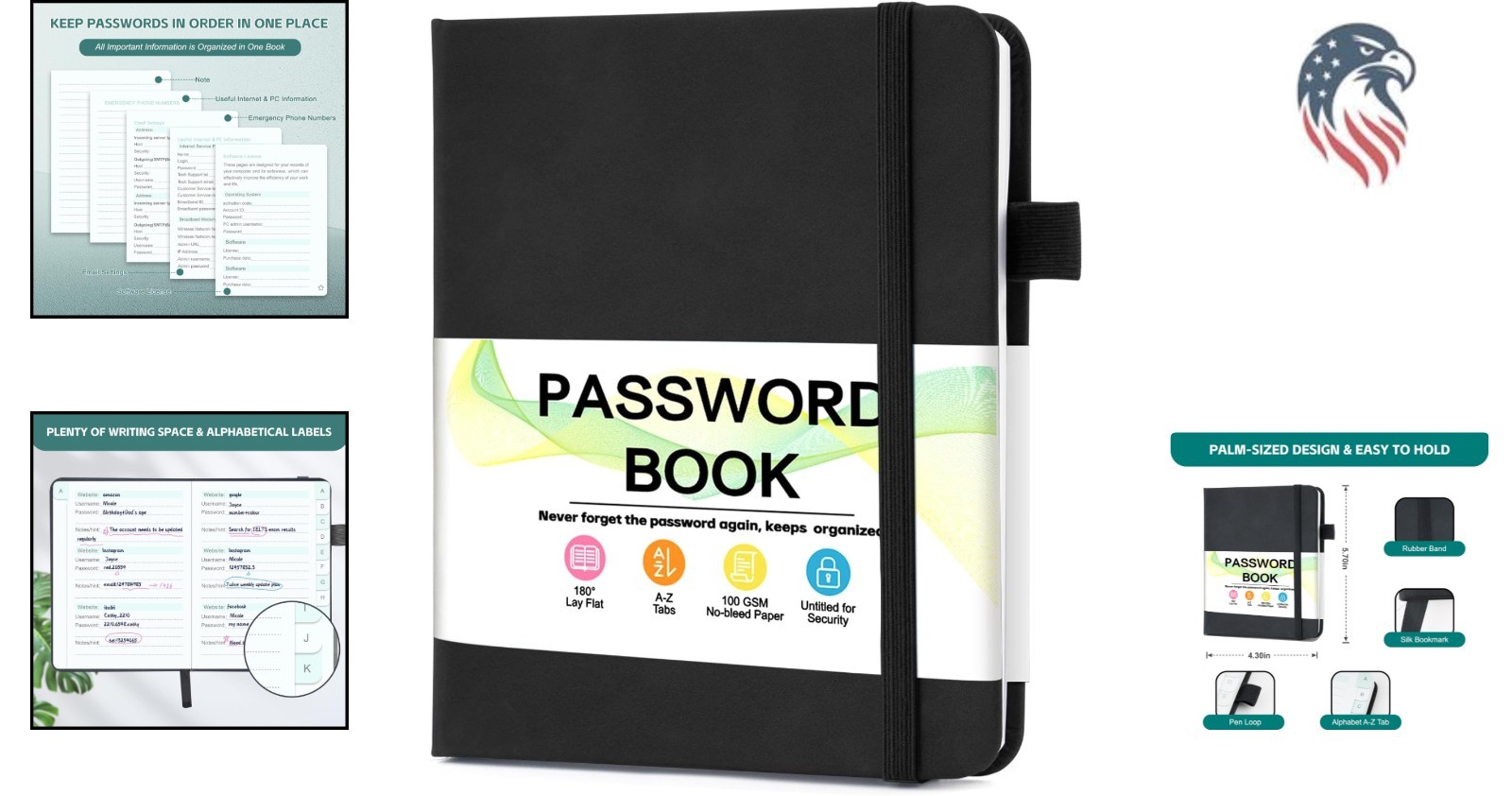 Password Keeper Book with Alphabetical Tabs Compact Password Notebook Black
