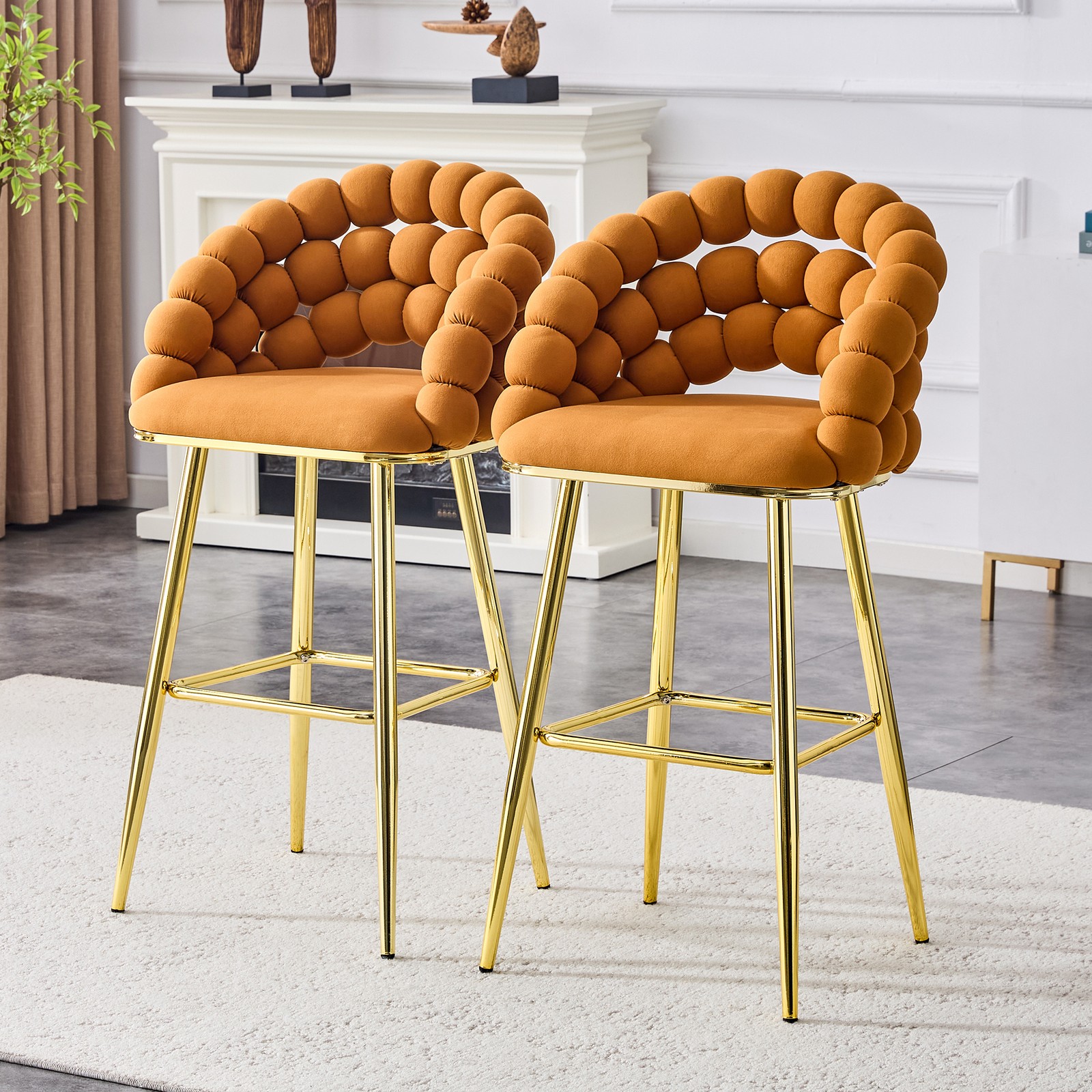 Set of 2 Orange Puffy Bubble Chair Ball Chain Chair Velvet Bar Stools with Gol