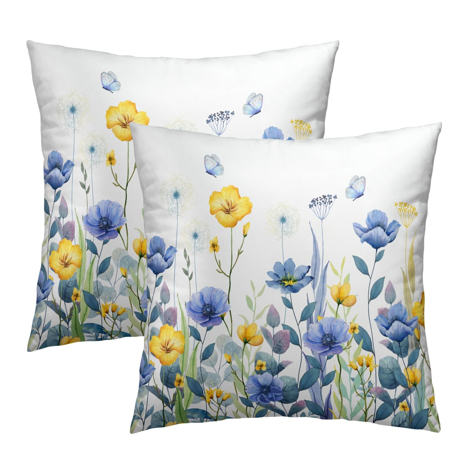 Blue Yellow Flowers Pillow Covers 18x18 Inch Set of 2, Poppy Floral Square Cu...